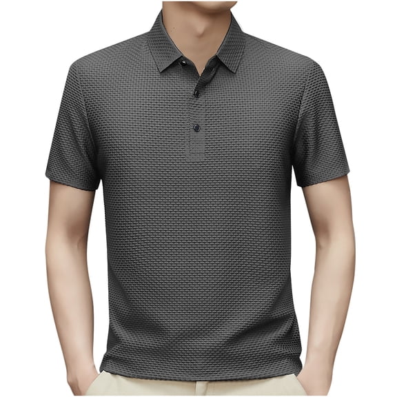 Lovskoo Shirts for Men Collared Short Sleeve Solid Color Lapel Button Striped Loose Casual Shirt Vacation Beach Summer Tops Dark Gray