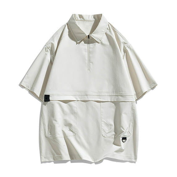 Lovskoo Shirts for Men Collared Short Sleeve Solid Color Pocket Lapel Top Shirt Vacation Beach Summer Tops Beige