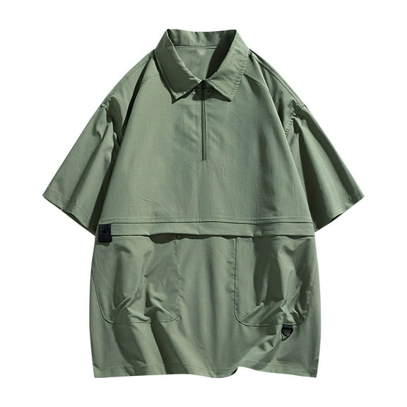 Lovskoo Shirts for Men Collared Short Sleeve Solid Color Pocket Lapel Top Shirt Vacation Beach Summer Tops Olive Green