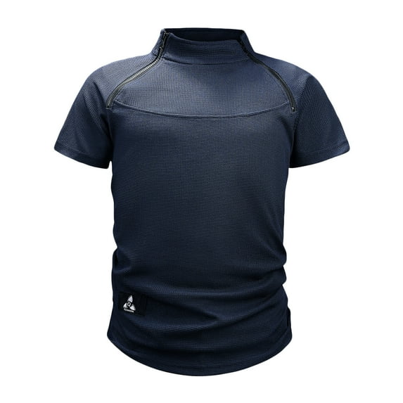 Lovskoo Shirts for Men Collared Short Sleeve Solid Color Trendy Casual Zipper Stand Up Collar Shorts Pullover Tops Vacation Beach Summer Tops Navy