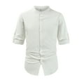thumbnail image 1 of Lovskoo Shirts for Men Cotton and Linen Band Collar Short Sleeve Solid Color Casual Trendy Print Button Shirt Blouse Vacation Beach Summer Tops White, 1 of 6