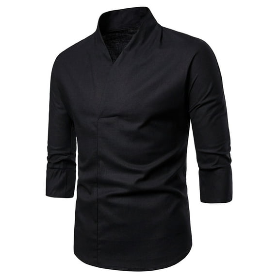 Lovskoo Shirts for Men Cotton and Linen V Neck 3/4 Sleeve Solid Color Shirt Trendy and Loose Fitting Trendy Clothing Vacation Beach Summer Tops Black