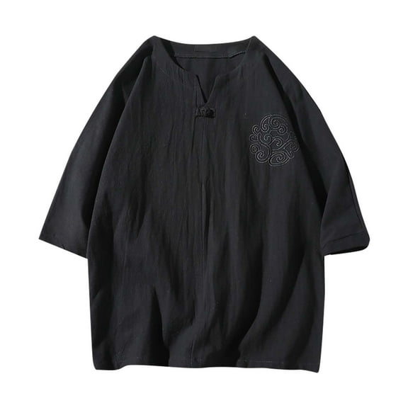 Lovskoo Shirts for Men Cotton and Linen V Neck Short Sleeve Summer Solid Color Casual Top Vacation Beach Summer Tops Black