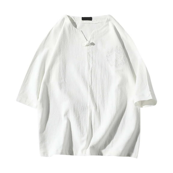Lovskoo Shirts for Men Cotton and Linen V Neck Short Sleeve Summer Solid Color Casual Top Vacation Beach Summer Tops White