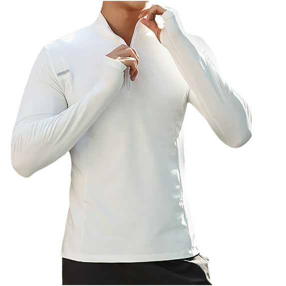 Lovskoo Shirts for Men Mock Neck Long Sleeve Lightweight Breathable Sport Workout Solid Color Hooded Blouse Vacation Beach Summer Tops White