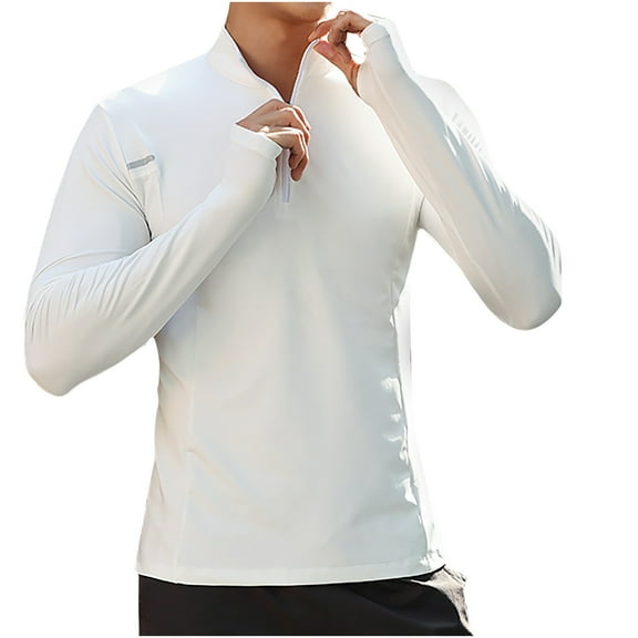 Lovskoo Shirts for Men Mock Neck Long Sleeve Lightweight Breathable Sport Workout Solid Color Hooded Blouse Vacation Beach Summer Tops White