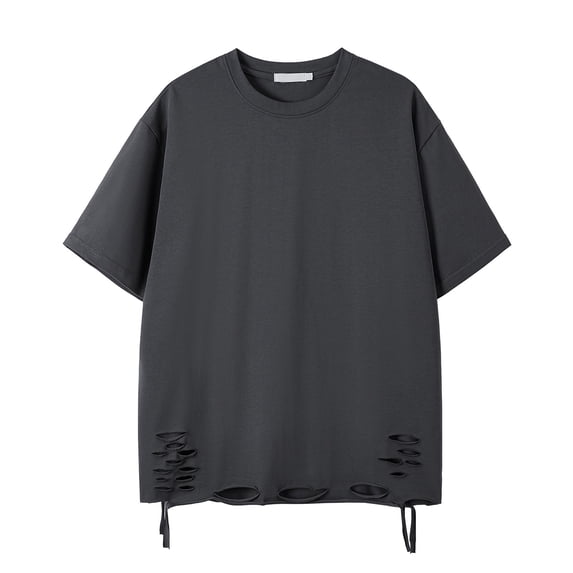 Lovskoo Shirts for Men Round Neck Short Sleeve Casual Trendy Pullover Top Blouse Solid Color Ripped T Shirt Vacation Beach Summer Tops Dark Gray