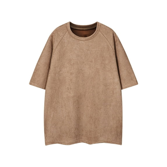 Lovskoo Shirts for Men Round Neck Short Sleeve Summer Casual Solid Color Fitting Shirts Vacation Beach Summer Tops Coffee