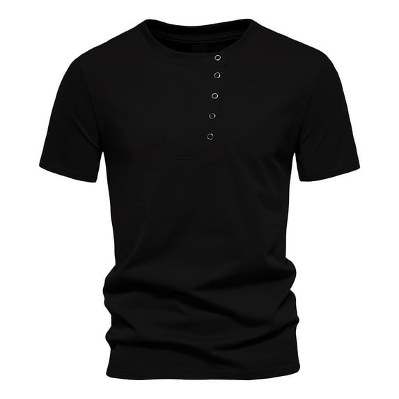 Lovskoo Shirts for Men Round Neck Short Sleeve Summer Trendy Casual Solid Color Blouse Vacation Beach Summer Tops Black