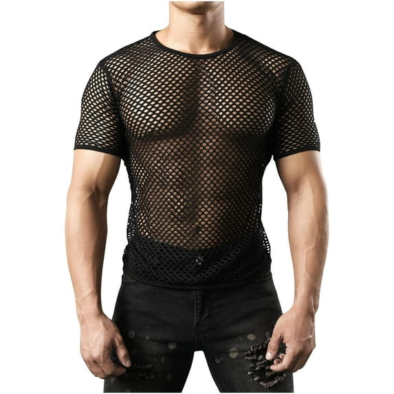 Lovskoo Shirts for Men Round Neck Short Sleeve Trendy Hollow Out Fishing Net Casual Solid Color T Shirt Vacation Beach Summer Tops Black