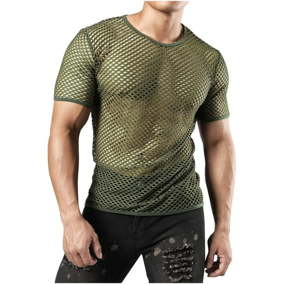 Lovskoo Shirts for Men Round Neck Short Sleeve Trendy Hollow Out Fishing Net Casual Solid Color T Shirt Vacation Beach Summer Tops Olive Green