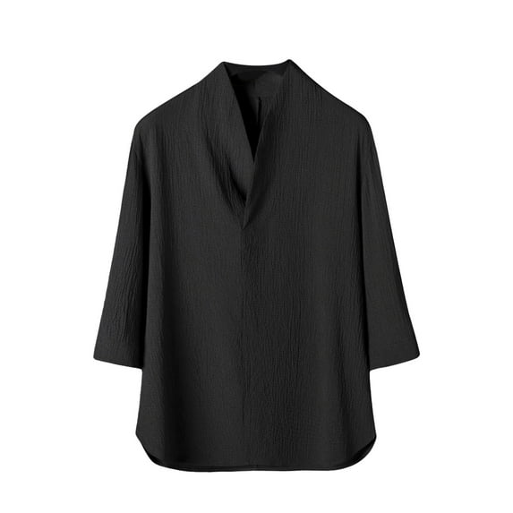Lovskoo Shirts for Men V Neck Half Sleeve Casual Solid Color Ice Silk Blouses Vacation Beach Summer Tops Black
