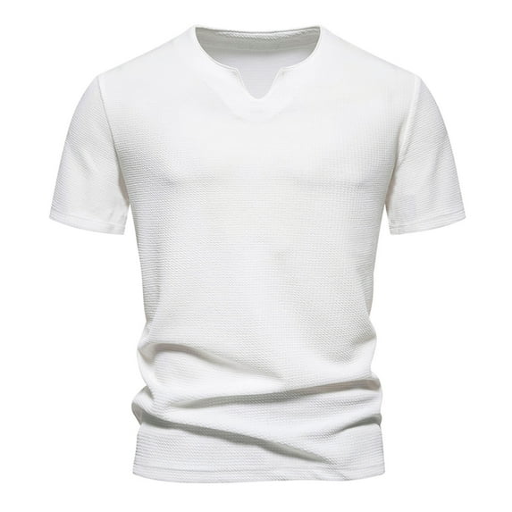 Lovskoo Shirts for Men V Neck Short Sleeve Casual Solid Color Trendy Pullover T Shirt Blouse Vacation Beach Summer Tops White
