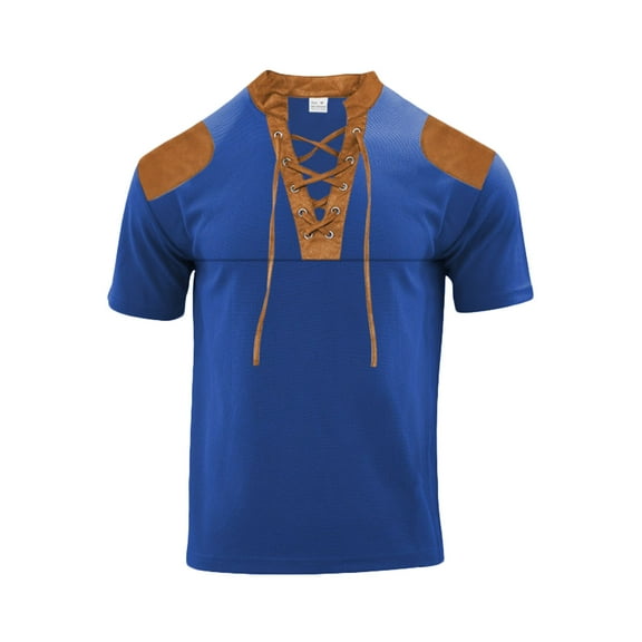 Lovskoo Shirts for Men V Neck Short Sleeve Solid Color Casual Patchwork Shorts Set Blouse and Shorts Suit Vacation Beach Summer Tops Blue