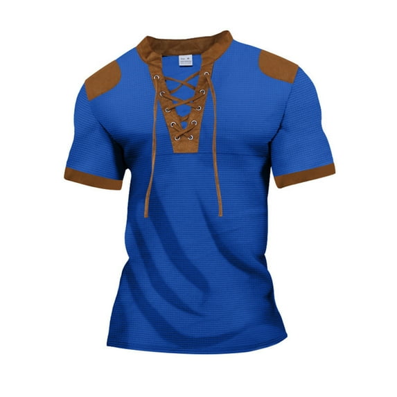 Lovskoo Shirts for Men V Neck Short Sleeve Solid Color Retro Style Casual Patchwork Blouse Vacation Beach Summer Tops Blue
