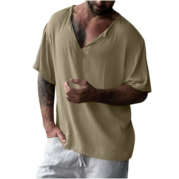 Lovskoo Shirts for Men V Neck Short Sleeve Trendy Casual Solid Color Blouses Shirts Vacation Beach Summer Tops Khaki