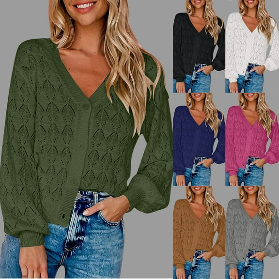 Lovskoo Short Cardigan Sweaters for Women Long Sleeved Crochet Shawl Front Open V-Neck Button Down Knit Tops Khaki