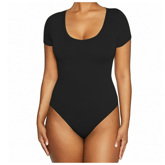 Lovskoo Short Sleeve Bodysuit for Women Tummy Control Shapewear Seamless Sculpting Thong Body Shaper Tops Jumpsuit Black