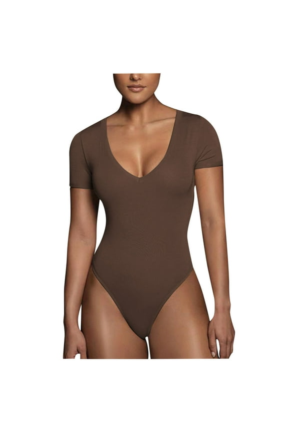 Short Sleeve Bodysuit for Women Tummy Control Shapewear Seamless Sculpting Thong Body Shaper Tops Jumpsuit Coffee