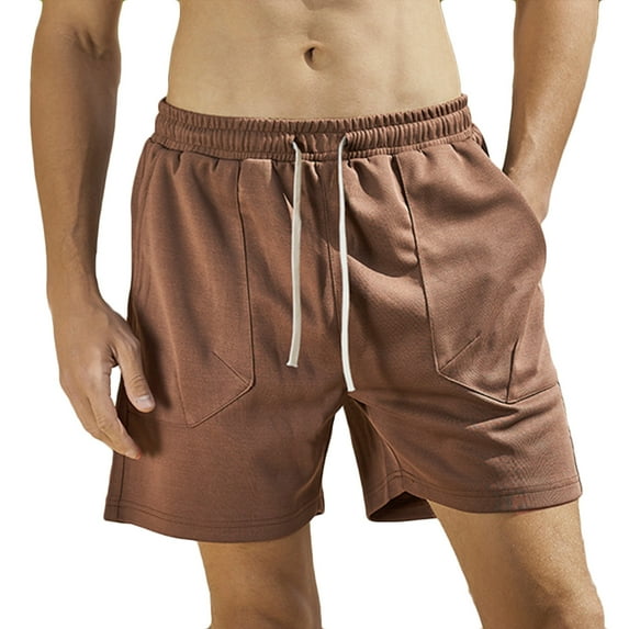 Lovskoo Shorts for Men Casual Trendy Solid Color Elastic Waist Shorts Splicing Drawstring Shorts Coffee
