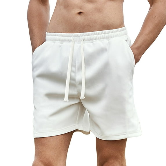 Lovskoo Shorts for Men Casual Trendy Solid Color Elastic Waist Shorts Splicing Drawstring Shorts White