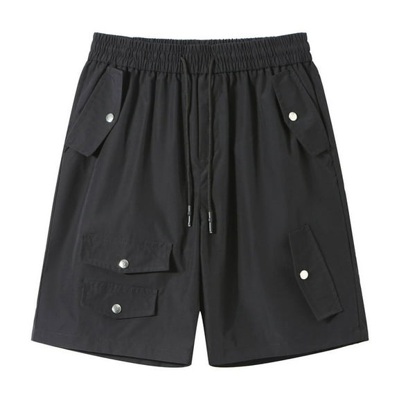 Lovskoo Shorts for Men Solid Color Summer Casual and Comfortable Drawstring Pocket Elastic Waist Shorts Black