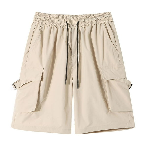 Lovskoo Shorts for Men Solid Color Summer Casual and Comfortable Drawstring Pocket Elastic Waist Shorts Khaki