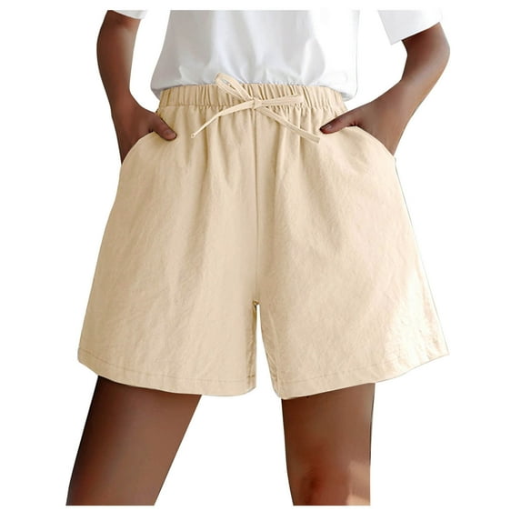 Lovskoo Shorts for Women Cotton and Linen Trendy Summer Pocket Solid Color Casual Elastic High Waist Workout Shorts Khaki