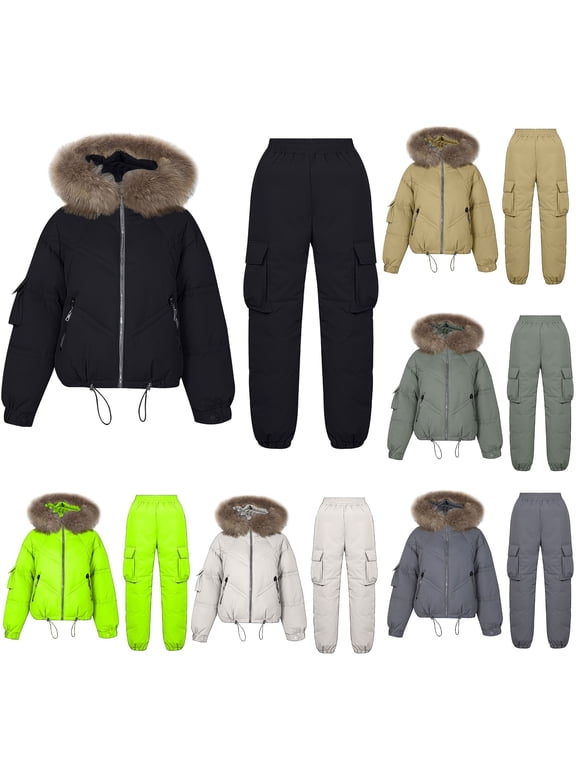 Ski Sets for Women Ski Jackets and Pants Snowsuit Snowboard Coat Outfits Thick Warm Two Piece Set Cotton Padded Coat Waterproof Windproof Gray