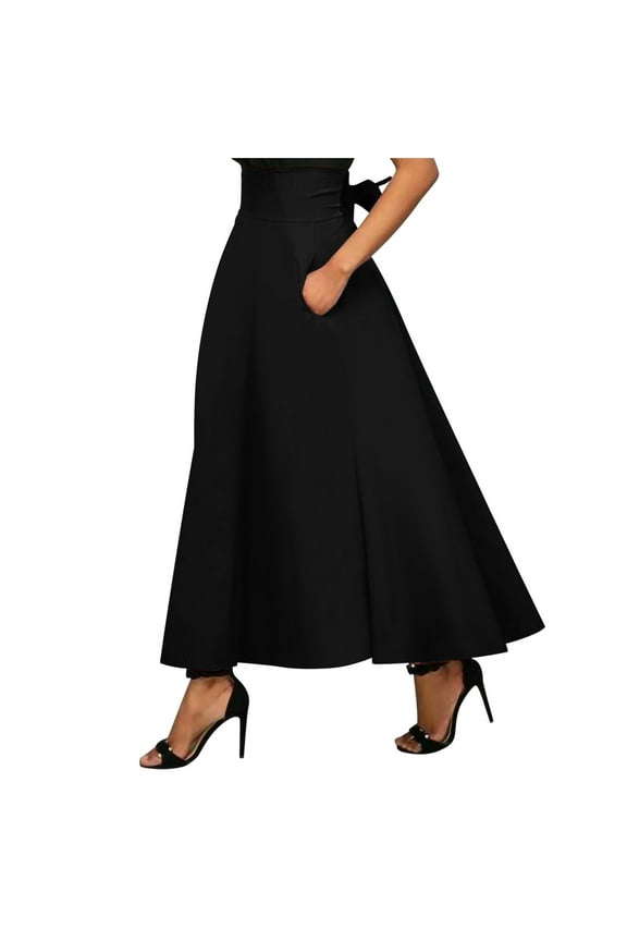 Skirts for Women 2025 Fall Winter Classic A Line High Elastic Waist Trendy Back Lace-Up Long Midi Skirt with Pockets Black