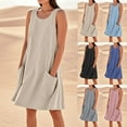 thumbnail image 1 of Lovskoo Sleeveless Dresses for Womens 2025 Beach Cotton Linen Solid Color Dresses with Pockets Casual Flowy Midi Dress Blue, 1 of 7