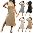 thumbnail image 1 of Lovskoo Sleeveless Sweater Dress for Women Mock Neck Knit Side Split Tank Maxi Sweater Dress Khaki, 1 of 8