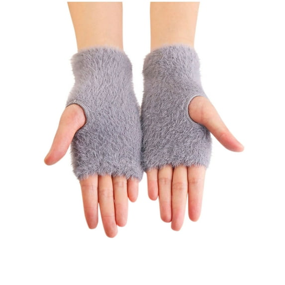 Lovskoo Solid Color Knit Fingerless Gloves Cozy Plush Half Finger Gloves Touchscreen Warm Mittens for Girls Women Gray