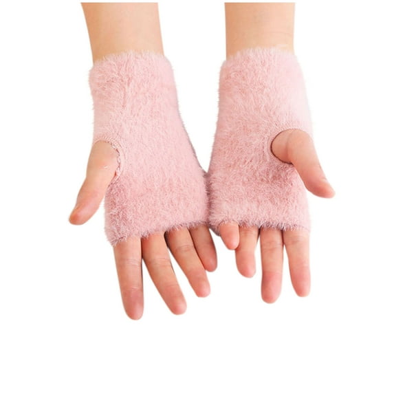 Lovskoo Solid Color Knit Fingerless Gloves Cozy Plush Half Finger Gloves Touchscreen Warm Mittens for Girls Women Pink