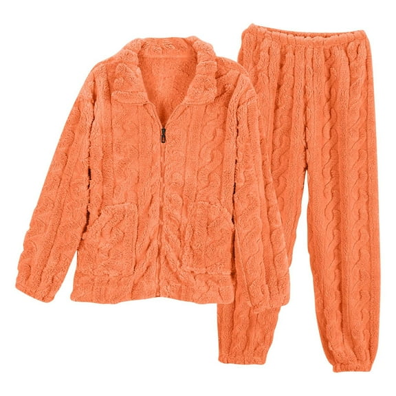 Lovskoo Solid Color Womens Fluffy Pajamas Set Fleece Pullover Pants Plush Loungewear Sleepwear Orange