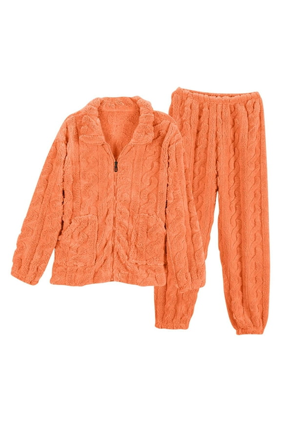 Solid Color Womens Fluffy Pajamas Set Fleece Pullover Pants Plush Loungewear Sleepwear Orange