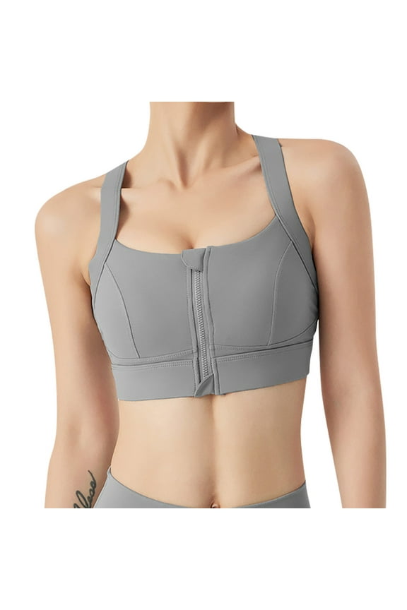 Sports Bras for Women Front Zip Cross Back Bras Compression Solid Slim Fit Fitness Summe Camis Cover Top Gray