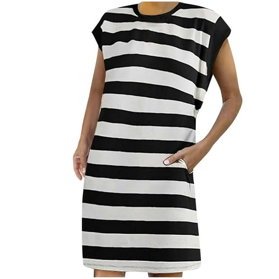 Lovskoo Striped Summer Dresses for Women 2024 Crewneck Cap Sleeve Color Block Casual Tshirt Dress with Pockets Black
