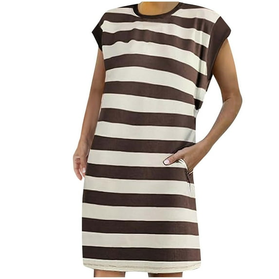 Lovskoo Striped Summer Dresses for Women 2024 Crewneck Cap Sleeve Color Block Casual Tshirt Dress with Pockets Bronze