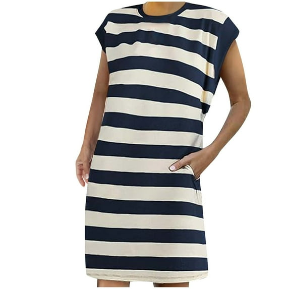 Lovskoo Striped Summer Dresses for Women 2024 Crewneck Cap Sleeve Color Block Casual Tshirt Dress with Pockets Navy