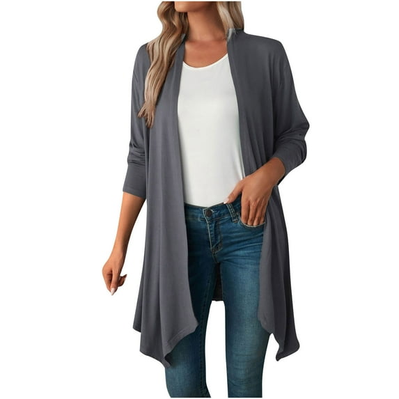 Lovskoo Summer Cardigan for Women Lightweight Long Sleeve Casual Jackets Open Front Solid Blouse Tops Coat Dark Gray