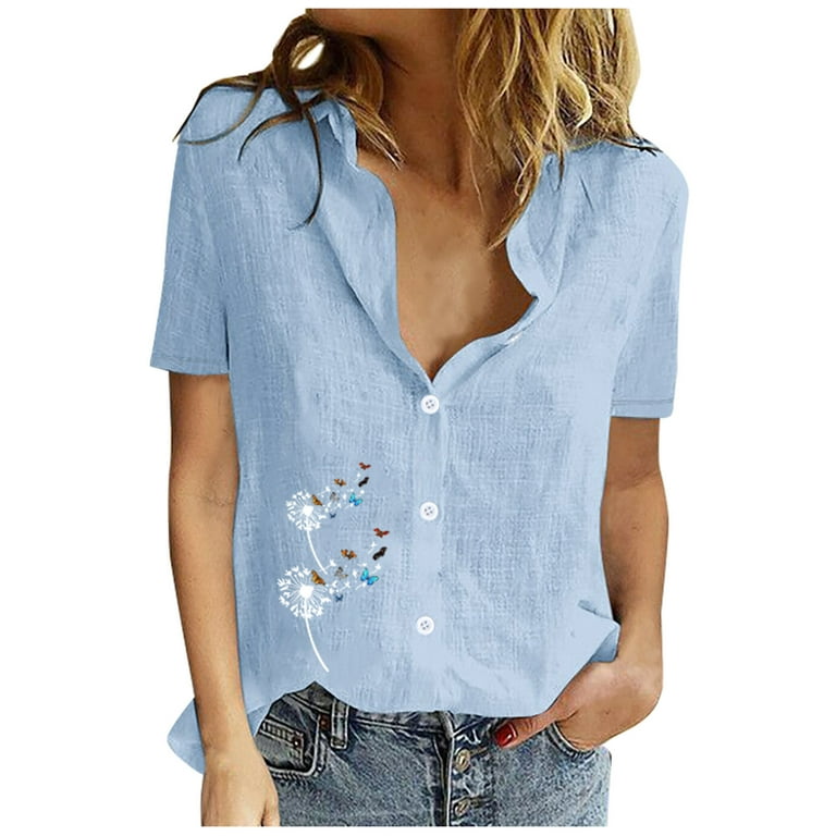 Women Cotton Linen Shirt Summer Loose Short Sleeve Lapel Blouse 