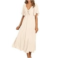 thumbnail image 1 of Lovskoo Summer Dress for Women 2024 Casual Short Sleeve Bow Tie V Neck Ruffle Midi Flowy Dresses Beige S, 1 of 9