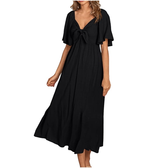 Lovskoo Summer Dress for Women 2024 Casual Short Sleeve Bow Tie V Neck Ruffle Midi Flowy Dresses Black M