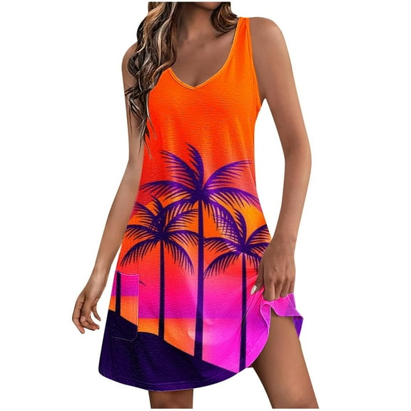 Lovskoo Summer Dresses for Women 2024 Beach Loose V Neck Sleeveless Mini Dress Tropic Printed Casual Sundress with Pockets Boho Floral T-Shirts Dress Tank Dresses Orange L