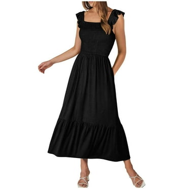 Lovskoo Summer Dresses for Women 2024 Boho Smocked Beach Dresses Sleeveless Shoulder Strap Flowy Tiered Party Maxi Casual Fit & Flare Sundress Black L