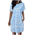 thumbnail image 1 of Lovskoo Summer Dresses for Women 2024 Casual Floral Printed T Shirt Dress Loose Roll Up Short Sleeve Round Neck Tunic Dress with Pocket for Women Sky Blue M, 1 of 6