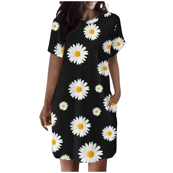 Lovskoo Summer Dresses for Women 2024 Casual Printed T Shirt Dress Loose Roll Up Short Sleeve Round Neck Tunic Dress with Pocket for Women Black L