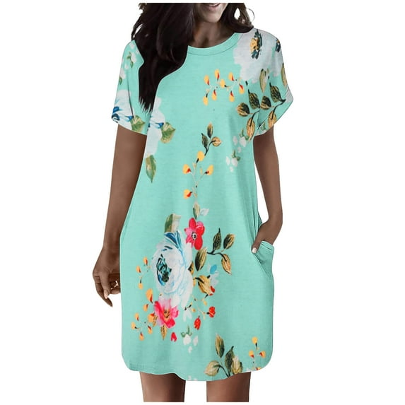 Lovskoo Summer Dresses for Women 2024 Casual Printed T Shirt Dress Loose Roll Up Short Sleeve Round Neck Tunic Dress with Pocket for Women Green L
