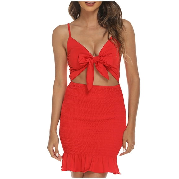 Lovskoo Summer Dresses for Women 2024 Spaghetti Strap Bow Tie Knot Cut Out Sleeveless Ruffled Hem Bodycon Club Party Evening Dresses Mini Dress Red S